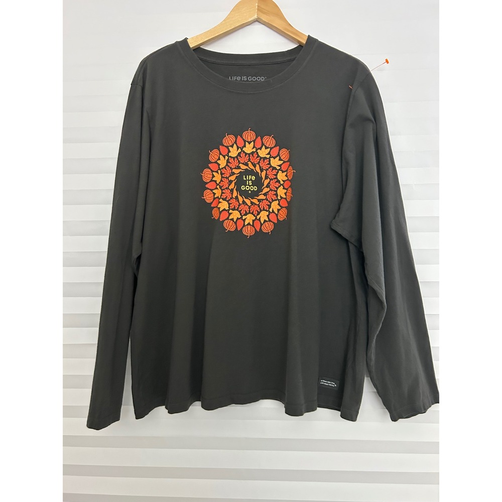 Life is Good Women XXXL Crusher Tee Long Sleeve Gray Autumn Pumpkin Graphic Top